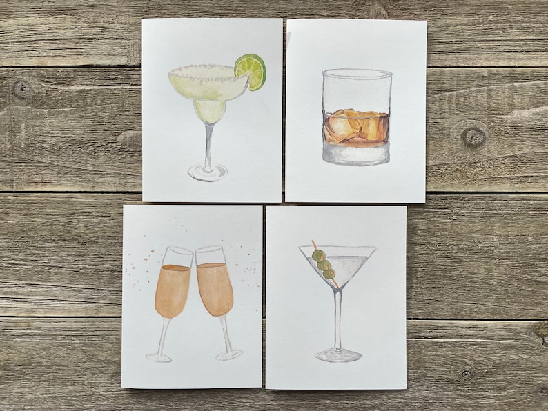 Watercolor Cocktail Notecards Hand Painted Set of 4 Watercolor Prints Blank Notecards with Envelopes Happy Hour Greeting Cards image 2