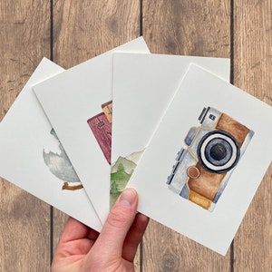 Aquarel avonturier Notitiekaarten | Handgeschilderde set van 4 | Aquarelafdrukken | Blanco kaarten met enveloppen | Reiswenskaarten | Buiten