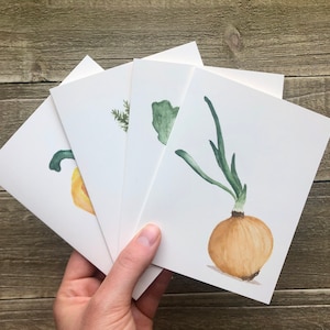Biglietti di auguri con verdure acquerellate / Set di 4 biglietti dipinti a mano / Stampe ad acquerello / Biglietti di auguri vuoti con buste / Biglietti di auguri con giardino