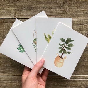 Aquarell Zimmerpflanze Grußkarten | Handgemaltes 4er Set | Aquarell Drucke | Blanko-Grußkarten mit Umschlägen | Pflanzen-Briefpapier