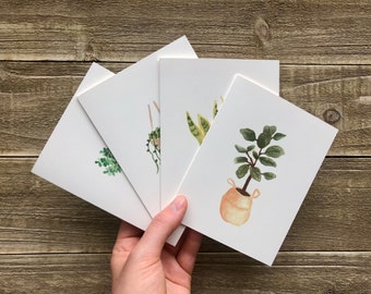 Watercolor House Plant Notecards | Hand Painted Set of 4 | Watercolor Prints | Blank Greeting Cards with Envelopes | Plant Stationery