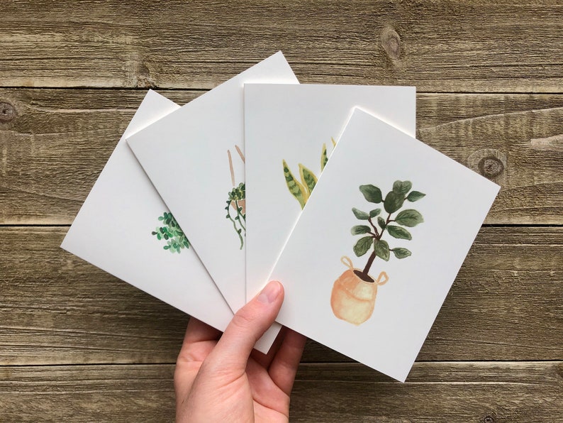 Watercolor House Plant Notecards Hand Painted Set of 4 Watercolor Prints Blank Greeting Cards with Envelopes Plant Stationery image 1