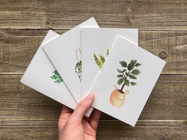 Cartes de notes de plantes d’aquarelle | Ensemble peint à la main de 4 | Impressions à l’aquarelle | Cartes de vœux vierges avec enveloppes | Papeterie plante image 1