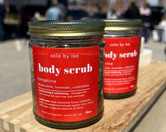 Exfoliating Herbal Scrub, Moisturizing, skin softening, tangerine essential oil w/ calendula, chamomile, lavender, and organic olive oil 9oz