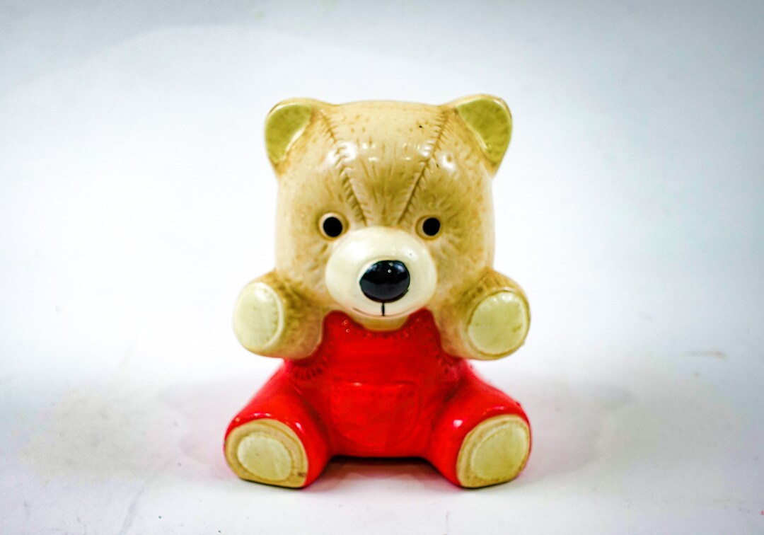 Vintage Ceramic Teddy Bear Coin Bank - Red Overalls - Etsy