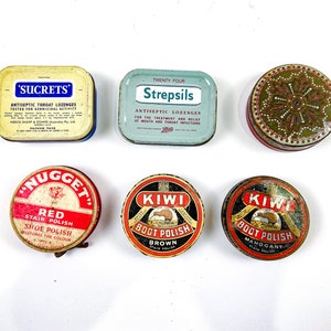 May include: Assortment of vintage tin boxes, including Sucrets throat lozenges, Strepsils lozenges, Nugget red shoe polish, and Kiwi boot polish in brown and mahogany.