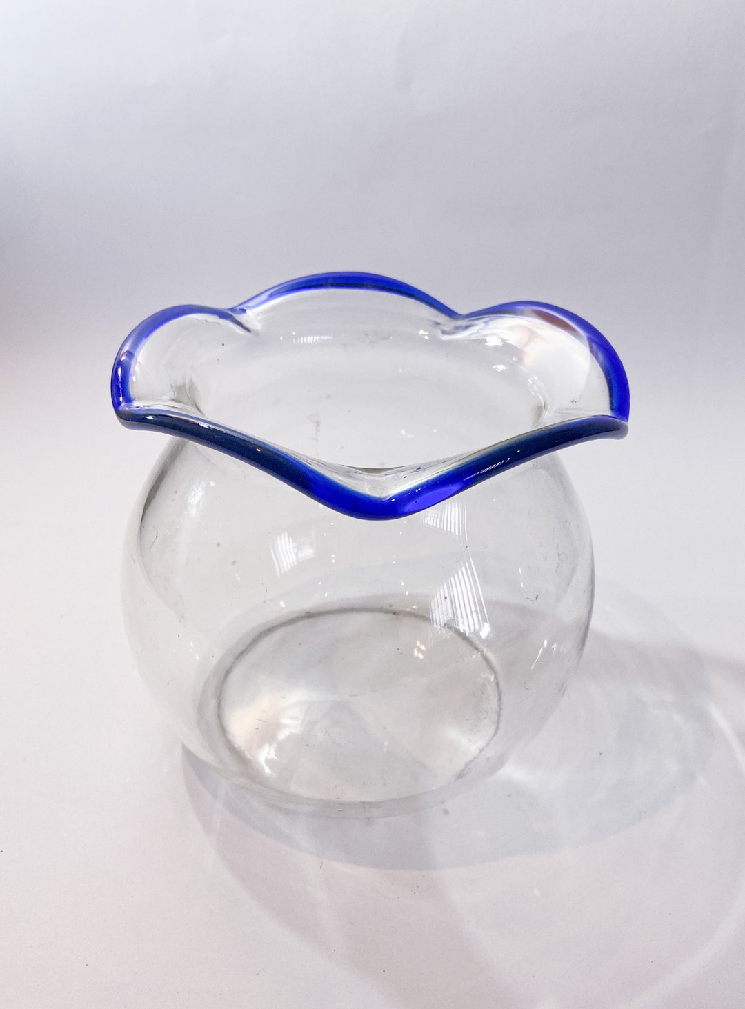 Vintage Blue Rimmed Glass Vase: Ruffled Edge Flower Vase - Etsy