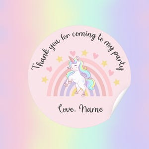 Gepersonaliseerd bedankje voor je komst naar mijn verjaardagsfeestje sticker - Roze regenboog eenhoorn verjaardagsfeestje sticker - Gepersonaliseerde stickers