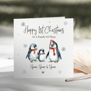 Gepersonaliseerde eerste kerst als gezin van 3 pinguïnkaarten - eerste kerstkaart