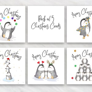 Pack de 5 tarjetas de pingüino de Navidad - Tarjetas de pingüino de Navidad - 5 diseños incluidos