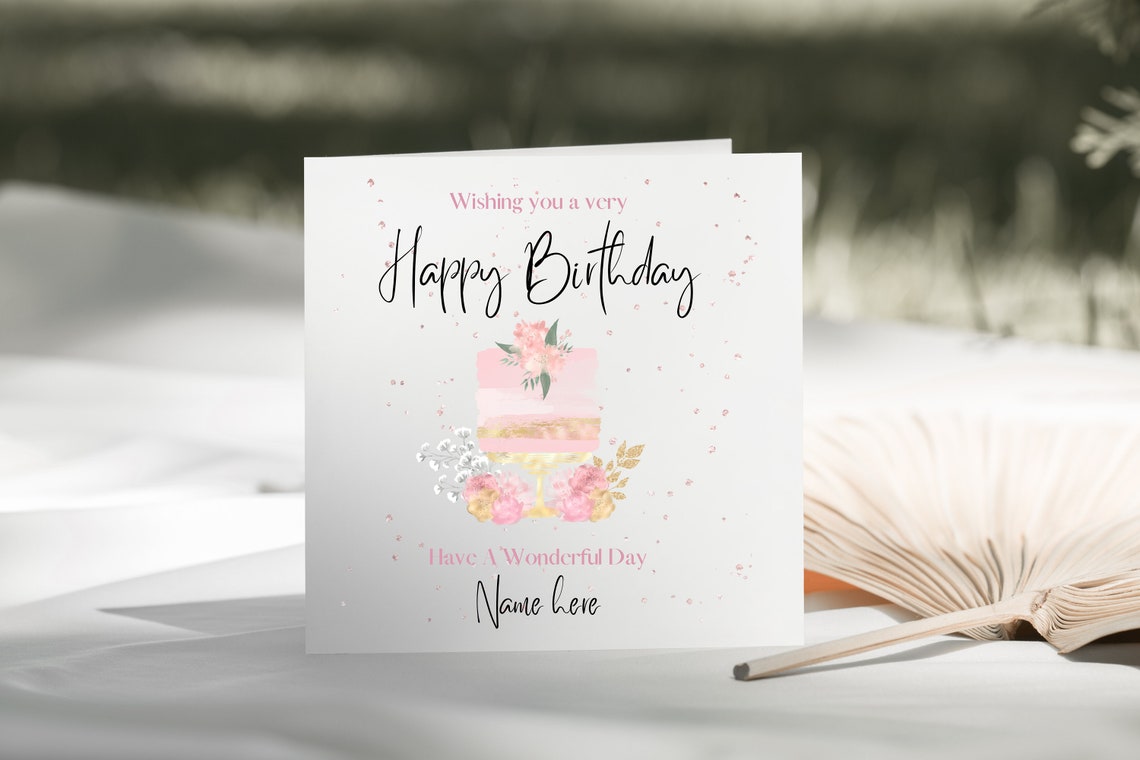 Personalised Birthday Card – Pink Cake, Floral Design - Etsy