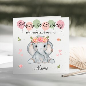 Meisjes gepersonaliseerde leeftijd één olifant verjaardagskaart - eerste verjaardagskaart voor dochter/kleindochter/nicht/peetdochter/zus/neef