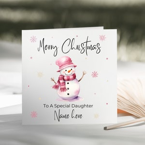 Roze Kerstsneeuwman speciale dochter/kleindochter/moeder/zus/nicht/peetdochter/vriendkaart - gepersonaliseerde kerstkaart voor haar