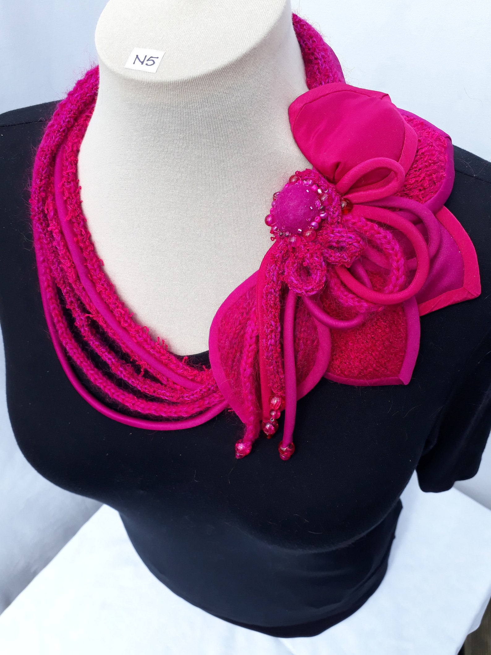 Pink Neck Ornament an Alternative Necklace of Knitted and Fabric Leaves
