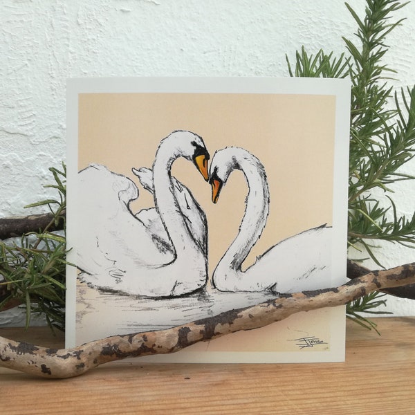 Carte de voeux cygne / carte d'anniversaire, fait main, art animalier, tu me manques, carte de la Saint-Valentin, carte d'anniversaire