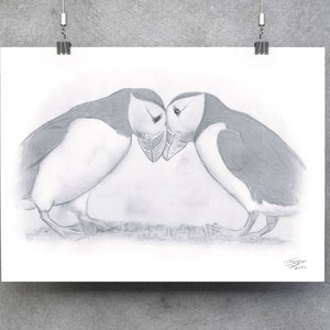 Puffin Love A3 Art Print - Hand-drawn, coastal themed wall art, perfect gift for Valentines, Weddings, Anniversary