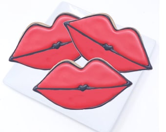 12 Kiss Lips Love Heart Royal Icing Cookies or Cookie Pops