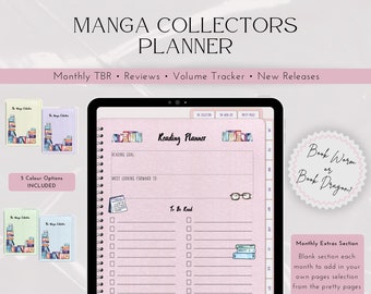 May include: A digital planner for manga collectors with a pink background and a reading planner section. The planner includes a to-be-read list, a reading goal section, and a section for monthly extras. The planner also includes a book worm or book dragon section.