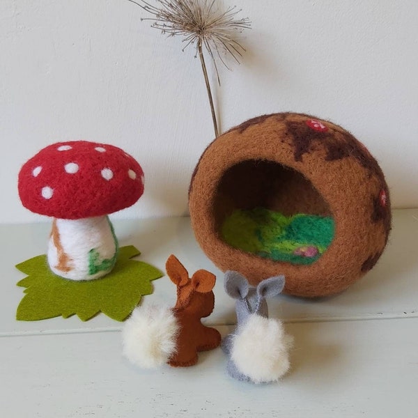 Waldorf Playset of Bunnies and a Large Den | Seasonal Nature Table | Gift from Tooth Fairy