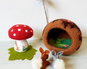 Needle Felted Bunny Burrow | Woodland Rabbit Play Set | Waldorf Toy | Fairy Garden Animal | Felt Mushroom | Bunny Family