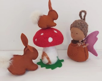 Waldorf  Playset of Flying Forest Gnome and Bunnies | Seasonal Nature Table | Gift from Tooth Fairy