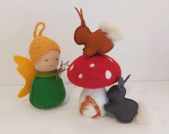 Waldorf  Playset of Flying Forest Gnome and Bunnies | Seasonal Nature Table | Gift from Tooth Fairy