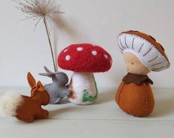 Juego Waldorf de gnomo y conejitos del bosque de setas marrones / Mesa de naturaleza de temporada / Regalo del Hada de los Dientes