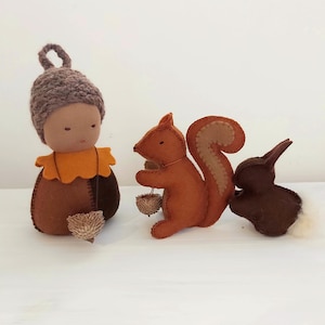 Waldorf Playset of An Acron Forest Gnome and Bunnies | Seasonal Nature Table | Gift from Tooth Fairy