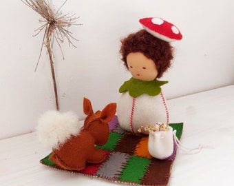 Waldorf Playset of Curly Red Mushroom Forest Gnome and Bunnies | Seasonal Nature Table | Gift from Tooth Fairy