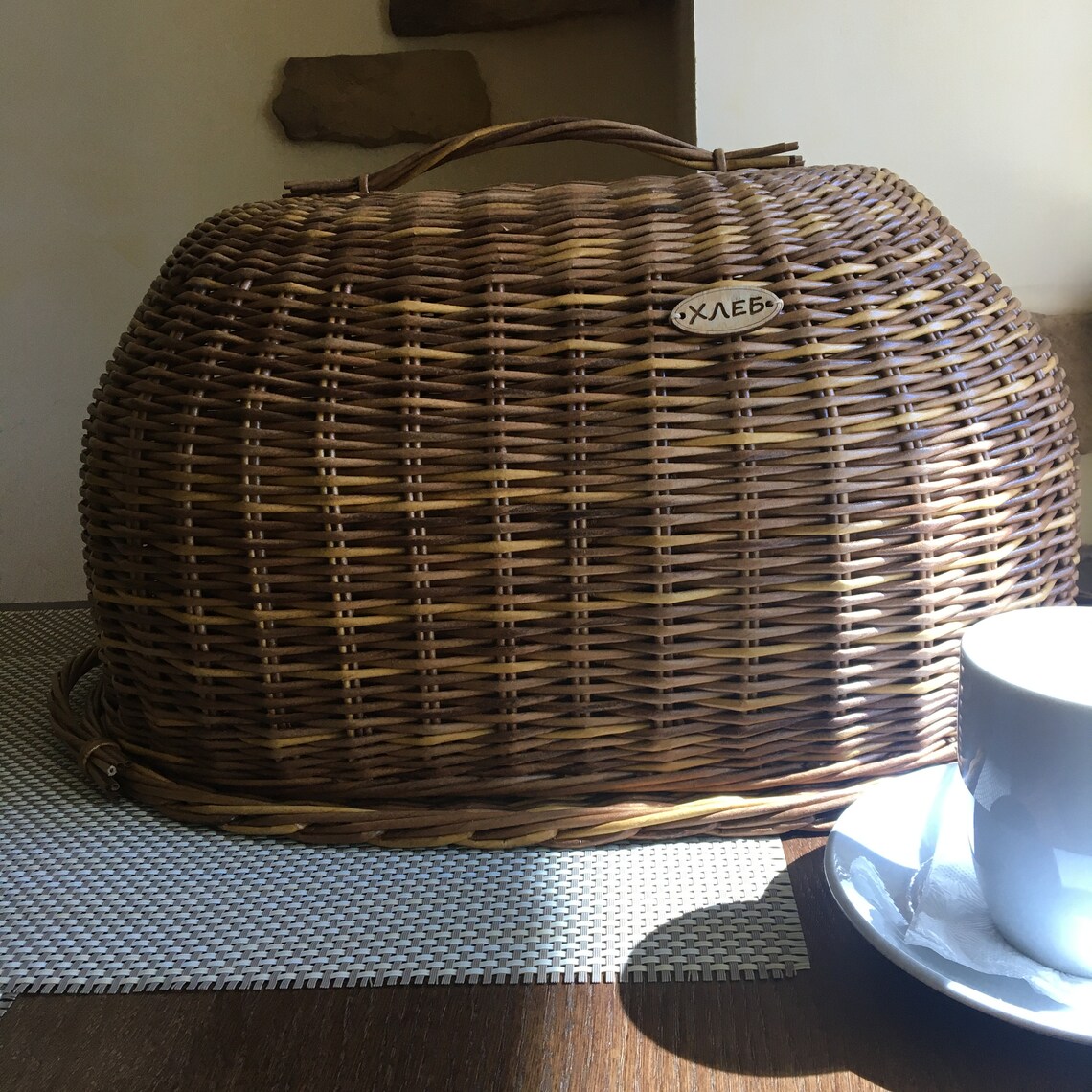 An oval wicker bread basket with a lid / wicker tray with two Etsy