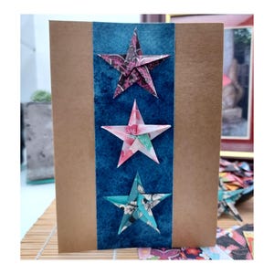 Handgemaakte kaart met 3 origami-sterren voor verjaardag, Kerstmis, Moederdag, jubileum, vriendschap, Valentijnsdag, gemaakt in het VK