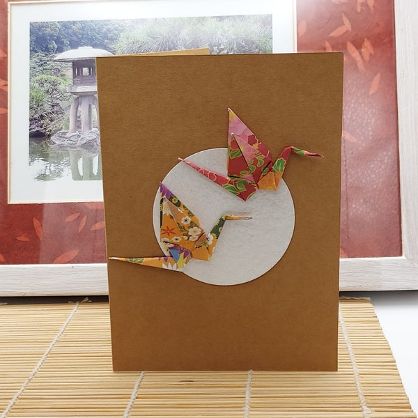 Origami Card with 2 Lucky Cranes for Birthday, Christmas, Mothers Day, Anniversary, Friendship, New baby, Wedding, Valentines, Handmade.