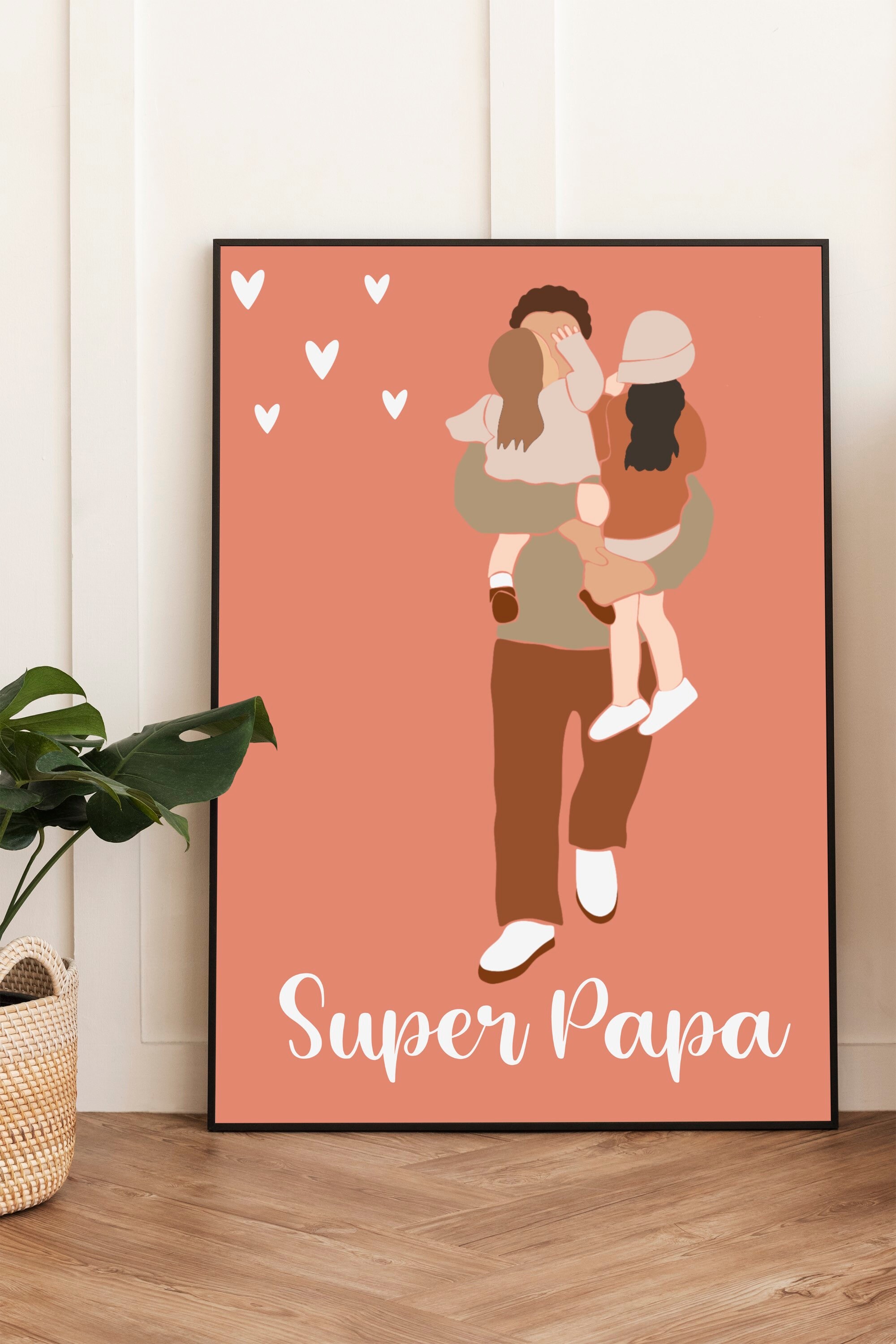Affiche Super Papa, Affiche Personnalisée, Illustration Père et Enfants, Portrait Fils, Filles.
