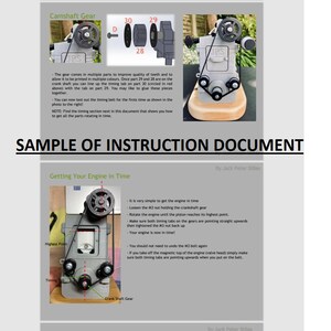 May include: A sample instruction document for a model engine. The document includes instructions on how to get the engine in time, with illustrations of the engine's components and timing tabs. The document is titled "Sample of Instruction Document" and is by Jack Peter Stiles.