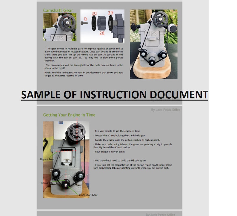 May include: A sample instruction document for a model engine. The document includes instructions on how to get the engine in time, with illustrations of the engine's components and timing tabs. The document is titled "Sample of Instruction Document" and is by Jack Peter Stiles.