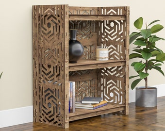 Low Bookcase, Wood Bookshelves, Shelving Unit "SOLAR" Hexagonica