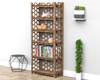 Wood Bookshelf, Bookcase, Bookshelves, Wooden Shelves, Shelving Unit "HONEYCOMB" (29.5"w 72"h) Hexagonica