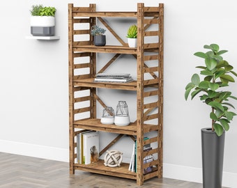 Puede incluir: Una estantería de madera con cinco estantes, que presenta una variedad de artículos decorativos, incluyendo plantas, libros y objetos decorativos. La estantería está hecha de madera natural con un acabado rústico.