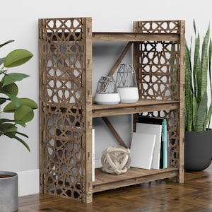 Low Bookcase, Wood Bookshelves, Shelving Unit "ARABIC" Hexagonica