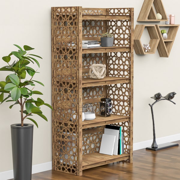 60" Tall Bookcase, Wood Bookshelves, Shelving Unit, Book Shelf "Arabic" Hexagonica