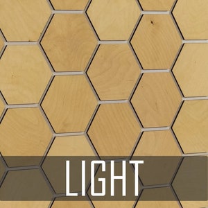 May include: A wall covered in light wood hexagonal tiles with a white border. The word "LIGHT" is printed in white on a dark gray rectangle at the bottom of the image.