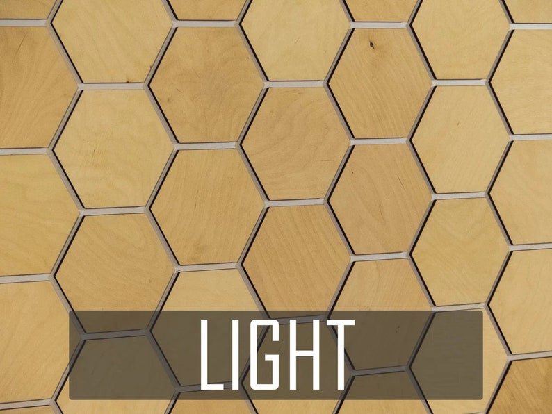 May include: A wall covered in light wood hexagonal tiles with a white border. The word "LIGHT" is printed in white on a dark gray rectangle at the bottom of the image.