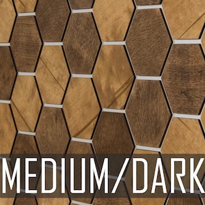 May include: A wall covered in a honeycomb pattern of wood tiles. The tiles are a medium to dark brown color with black edges and white grout lines. The text "MEDIUM/DARK" is printed at the bottom of the image.