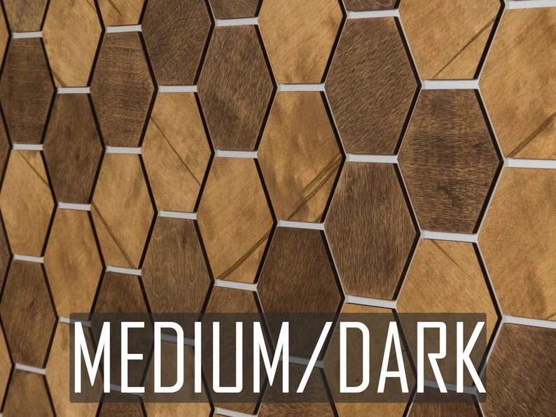 May include: A wall covered in a honeycomb pattern of wood tiles. The tiles are a medium to dark brown color with black edges and white grout lines. The text "MEDIUM/DARK" is printed at the bottom of the image.