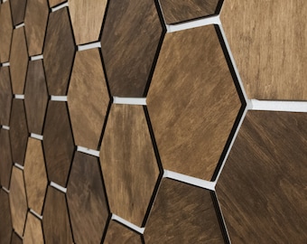 May include: A wall covered in brown hexagonal tiles with black edges and white grout.