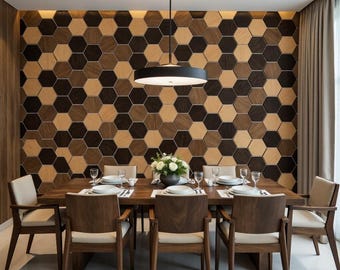 May include: A modern dining room with a wooden table and chairs. The wall behind the table is covered in a hexagonal pattern of wood tiles in shades of brown and beige. A black pendant light hangs above the table.