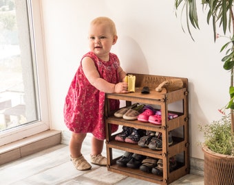 Wooden Toddler Shoe Rack, Kids Bookshelf, Montessori Furniture, Newborn Gift, First Birthday Gift, First Steps