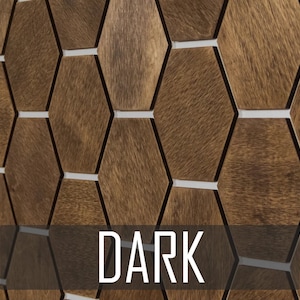 May include: A wall covered in dark brown hexagonal wooden tiles with white grout lines. The word "DARK" is printed in white letters at the bottom of the image.