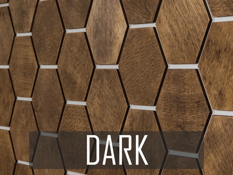 May include: A wall covered in dark brown hexagonal wooden tiles with white grout lines. The word "DARK" is printed in white letters at the bottom of the image.