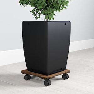 May include: A black planter with a green plant sits on a wooden rolling stand with four black wheels.